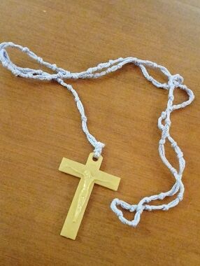 Gold Colored Rosary Crucifix Pendant Necklace with White Braided Cord